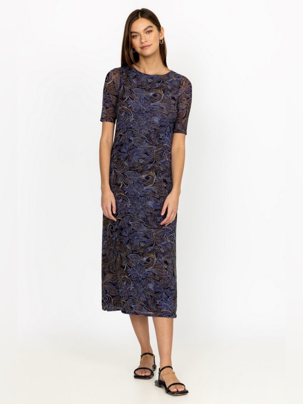 Johnny Was Dajiki Mesh Midi Dress Blue Purple Floral Mesh Size L
